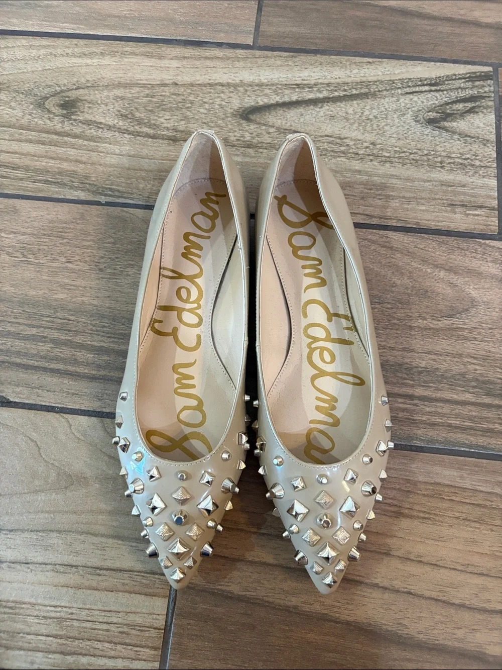 Sam Edelman Beige Pointed-Toe Studded Flats